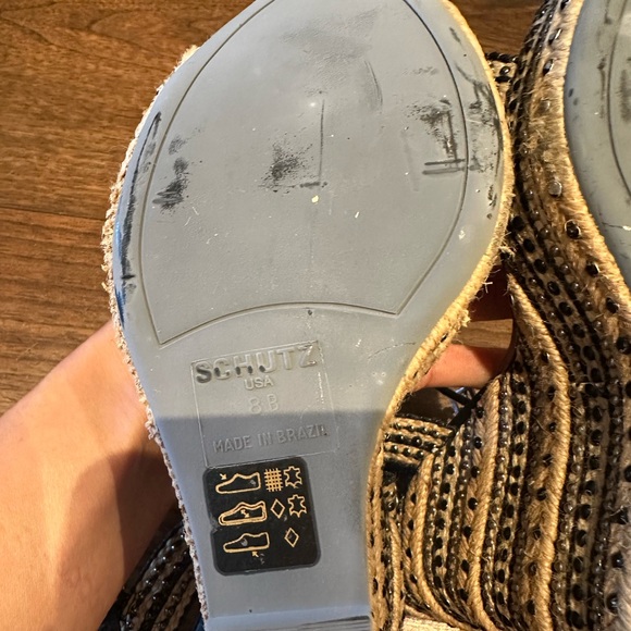 Schutz Black and Natural Espadrille Wedge Sandals with Stud Accents - Picture 7 of 11